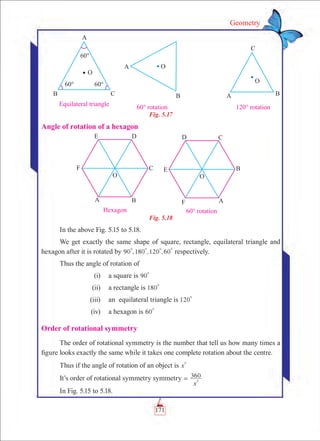 171
Geometry
Fig. 5.17
Angle of rotation of a hexagon
Fig. 5.18
In the above Fig. 5.15 to 5.18.
We get exactly the same shape of square, rectangle, equilateral triangle and
hexagon after it is rotated by , , ,90 180 120 60
0 0 0 0
respectively.
Thus the angle of rotation of
	 (i)	 a square is 90
0
	 (ii)	 a rectangle is 180
0
	 (iii)	 an equilateral triangle is 120
0
	 (iv)	 a hexagon is 60
0
Order of rotational symmetry
The order of rotational symmetry is the number that tell us how many times a
figure looks exactly the same while it takes one complete rotation about the centre.
Thus if the angle of rotation of an object is x
0
It’s order of rotational symmetry symmetry
x
360
0=
In Fig. 5.15 to 5.18.
 