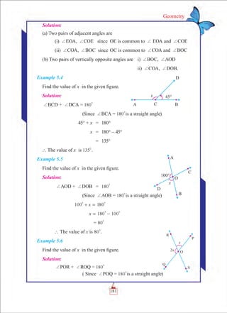 181
Geometry
Solution:
(a) Two pairs of adjacent angles are
	 (i) +EOA, +COE	 since	 OE is common to + EOA and +COE
	 (ii) +COA, +BOC since	OC is common to +COA and +BOC
(b) Two pairs of vertically opposite angles are 	 i) +BOC, +AOD
							 ii) +COA, +DOB.	
Example 5.4
Find the value of x in the given figure.
Solution:
+BCD + +DCA = 180
0
			 (Since +BCA = 180
0
is a straight angle)
	 45° + x	 =	 180°
	 x	 =	 180° – 45°
		 =	 135°
` The value of x is 135
0
.
Example 5.5
Find the value of x in the given figure.
Solution:
	 +AOD + +DOB	 =	 180
0
			 (Since +AOB = 180
0
is a straight angle)
	 x100 180
0 0
+ =
			 x 180 100
0 0
= -
			 = 80
0
	 ` The value of x is 80
0
.
Example 5.6
Find the value of x in the given figure.
Solution:
	 +POR + +ROQ = 180
0
			 ( Since +POQ = 180
0
is a straight angle)
 