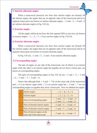 187
Geometry
2. Interior alternate angles
When a transversal intersects two lines four interior angles are formed. Of
the interior angles, the angles that are on opposite sides of the transversal and lie in
separate linear pairs are known as interior alternate angles. +3 and +5, +4 and +6
are interior alternate angles in Fig. 5.41 (ii).
3. Exterior angles
All the angles which do not have the line segment MN as one arm, are known
as exterior angles. +1, +2, +7, +8 are exterior angles in Fig. 5.41 (ii).
4. Exterior alternate angles
When a transversal intersects two lines four exterior angles are formed. Of
the exterior angles, the angles that are on opposite sides of the transversal and lie in
separate linear pairs are known as exterior alternate angles.
In Fig. 5.41 (ii), +1 and +7, +2 and +8 are exterior alternate angles.
5. Corresponding angles
The pair of angles on one side of the transversal, one of which is an exterior
angle while the other is an interior angle but together do not form a linear pair, are
known as corresponding angles.
The pairs of corresponding angles in Fig. 5.41 (ii) are +1 and + 5, + 2 and
+ 6, + 3 and + 7, + 4 and + 8.
Notice that although both + 6 and + 7 lie on the same side of the transversal
and + 6 is an interior angle while +7 is an exterior angle but + 6 and + 7 are not
corresponding angles as together they form a linear pair. Now we tabulate the angles.
a Interior angles + 3, + 4,+ 5,+ 6
b Exterior angles + 1,+ 2,+ 7,+ 8
c Pairs of corresponding angles
+ 1 and + 5; + 2 and + 6
+3 and +7; + 4 and +8
d Pairs of alternate interior angles +3 and +5 ; +4 and +6
e Pairs of alternate exterior angles +1 and +7 ; +2 and +8
f
Pairs of interior angles on the
same side of the transversal.
+3 and +6 ; +4 and +5
 