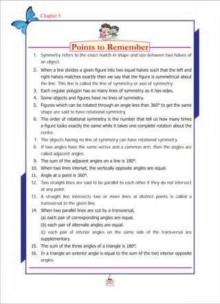 202
Chapter 5
	 1.	 Symmetry refers to the exact match in shape and size between two halves of
an object.
	 2.	 When a line divides a given figure into two equal halves such that the left and
right halves matches exactly then we say that the figure is symmetrical about
the line. This line is called the line of symmetry or axis of symmetry.
	 3.	 Each regular polygon has as many lines of symmetry as it has sides.
	 4.	 Some objects and figures have no lines of symmetry.
	 5.	 Figures which can be rotated through an angle less than 360° to get the same
shape are said to have rotational symmetry.
	 6.	 The order of rotational symmetry is the number that tell us how many times
a figure looks exactly the same while it takes one complete rotation about the
centre.
	 7.	 The objects having no line of symmetry can have rotational symmetry.
	 8.	 If two angles have the same vertex and a common arm, then the angles are
called adjacent angles.
	 9.	 The sum of the adjacent angles on a line is 180°.
	 10.	 When two lines interset, the vertically opposite angles are equal.
	 11.	 Angle at a point is 360°.
	 12.	 Two straight lines are said to be parallel to each other if they do not intersect
at any point.
	 13.	 A straight line intersects two or more lines at distinct points is called a
transversal to the given line.
	 14.	 When two parallel lines are cut by a transversal,
	 	 (a) each pair of corresponding angles are equal.
	 	 (b) each pair of alternate angles are equal.
		 (c) each pair of interior angles on the same side of the transversal are
supplementary.
	 15.	 The sum of the three angles of a triangle is 180°.
	 16.	 In a triangle an exterior angle is equal to the sum of the two interior opposite
angles.
 
