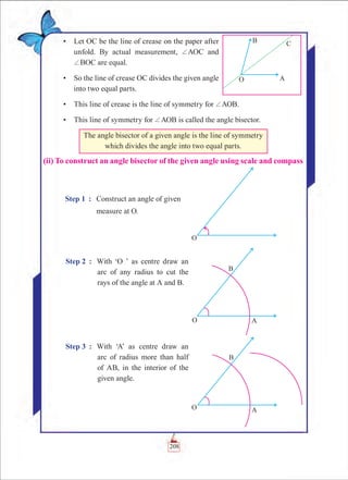 Chapter 6
•	 Let OC be the line of crease on the paper after
unfold. By actual measurement, +AOC and
+BOC are equal.
•	 So the line of crease OC divides the given angle
into two equal parts.
•	 This line of crease is the line of symmetry for +AOB.
•	 This line of symmetry for +AOB is called the angle bisector.
The angle bisector of a given angle is the line of symmetry
which divides the angle into two equal parts.
(ii) To construct an angle bisector of the given angle using scale and compass
Step 1	 :	 Construct an angle of given
		 measure at O.
Step 2	 :	 With ‘O ’ as centre draw an
arc of any radius to cut the
rays of the angle at A and B.
Step 3	 :	 With ‘A’ as centre draw an
arc of radius more than half
of AB, in the interior of the
given angle.
208
 