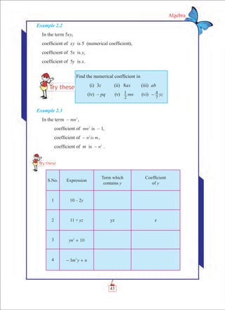 43
Algebra
Example 2.3
In the term – mn2
,
	 coefficient of mn2
is – 1,
	 coefficient of – n is m2
,
	 coefficient of m is – n2
.
S.No. Expression
Term which
contains y
Coefficient
of y
1 10 – 2y
2 11 + yz yz z
3 yn 102
+
4 m y n3 2
- +
Example 2.2
In the term 5xy,
coefficient of xy is 5 (numerical coefficient),
coefficient of 5x is y,
coefficient of 5y is x.
Find the numerical coefficient in
	 (i)	 3z	 (ii)	 8ax 	 (iii)	 ab
	 (iv)	 – pq	 (v)	 mn
2
1 	 (vi)	 yz
7
4-
 