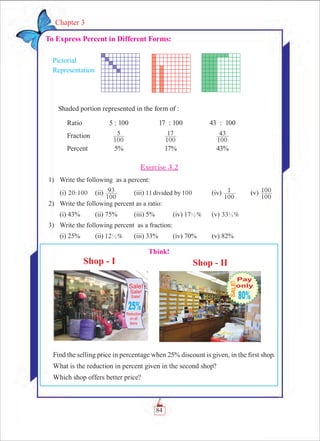 84
Chapter 3
To Express Percent in Different Forms:
Shaded portion represented in the form of :
	 Ratio	 5 : 100	 17 : 100	 43 : 100
	 Fraction	
100
5 	
100
17 	
100
43
	 Percent 	 5%	 17%	 43%
Exercise 3.2
	 1)	 Write the following as a percent:
		 (i) :20 100	 (ii)
100
93 	 (iii) 11 100divided by 	 (iv)
100
1 	 (v)
100
100
	 2)	 Write the following percent as a ratio:
		 (i) 43%	 (ii) 75%	 (iii) 5%	 (iv) %171
2 	 (v) 33 %1
3 	
	 3)	 Write the following percent as a fraction:
		 (i) 25%	 (ii) %121
2 	 (iii) 33%	 (iv) 70%	 (v) 82%
Pictorial
Representation
Think!
Find the selling price in percentage when 25% discount is given, in the first shop.
What is the reduction in percent given in the second shop?
Which shop offers better price?
 