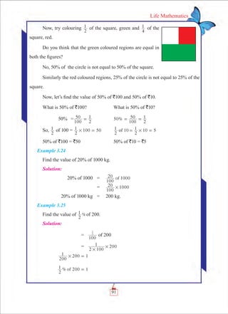 91
Life Mathematics
Now, try colouring
2
1 of the square, green and
4
1 of the
square, red.
Do you think that the green coloured regions are equal in
both the figures?
No, 50% of the circle is not equal to 50% of the square.
Similarly the red coloured regions, 25% of the circle is not equal to 25% of the
square.
Now, let’s find the value of 50% of `100 and 50% of `10.
What is 50% of `100? 	 What is 50% of `10?
	 50%	 =
100
50
2
1= 	 50%
100
50
2
1= =
So,
2
1 of 100 =
2
1 100 50# = 	 10 10 5
2
1
2
1of #= =
	50% of `100 = `50	 50% of `10 = `5
Example 3.24
Find the value of 20% of 1000 kg.
Solution:
	 20% of 1000	 =	 1000of
100
20
		 =	
100
20 1000#
	 20% of 1000 kg	 =	 200 kg.
Example 3.25
Find the value of %
2
1 of 200.
Solution:
	 =	
100
2
1
of 200
	 =	
2 100
1 200
#
#
	 200 1
200
1 # =
	 % 200 1of
2
1 =
 