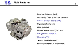 8
Main Features
•Long travel damper clutch
•Flat & Long Travel type torque converter
•Full line pressure control (VFS)
•High capacity oil pump
(Alloy Material)
•Flexible Printed circuit (FBC) used
•Hall type PG-A and PG-B
•Eliminating VSS
(PGB is used alternatively)
•Grinding type gears (Reducing NVH)
 
