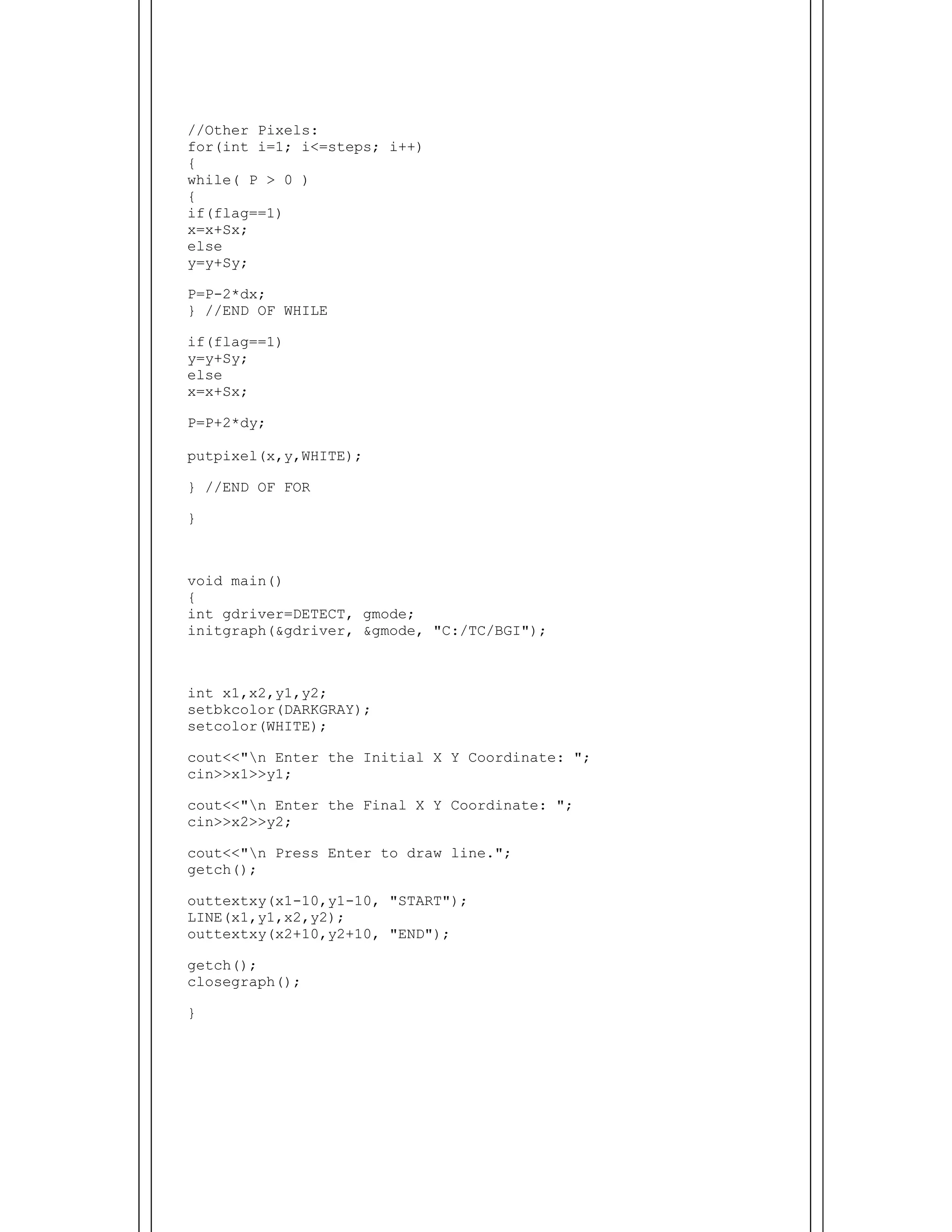  
//Other Pixels:
for(int i=1; i<=steps; i++)
{
while( P > 0 )
{
if(flag==1)
x=x+Sx;
else
y=y+Sy;
P=P-2*dx;
} //END OF WHILE
if(flag==1)
y=y+Sy;
else
x=x+Sx;
P=P+2*dy;
putpixel(x,y,WHITE);
} //END OF FOR
}
void main()
{
int gdriver=DETECT, gmode;
initgraph(&gdriver, &gmode, "C:/TC/BGI");
int x1,x2,y1,y2;
setbkcolor(DARKGRAY);
setcolor(WHITE);
cout<<"n Enter the Initial X Y Coordinate: ";
cin>>x1>>y1;
cout<<"n Enter the Final X Y Coordinate: ";
cin>>x2>>y2;
cout<<"n Press Enter to draw line.";
getch();
outtextxy(x1-10,y1-10, "START");
LINE(x1,y1,x2,y2);
outtextxy(x2+10,y2+10, "END");
getch();
closegraph();
}
 