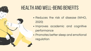HEALTH AND WELL-BEING BENEFITS
Reduces the risk of disease (WHO,
2020)
Improves academic and cognitive
performance
Promotes better sleep and emotional
regulation
 