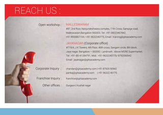 MALLESWARAM
#87, 2nd floor, Nanjundeshwara complex, 11th Cross, Sampige road,
Malleswaram,Bangalore 560003. Tel : +91 08023467842,
+91 9900867154 / +91 9632240775, Email : training@gitsacademy.com
JAYANAGAR (Corporate ofﬁce)
#719/A, J K Towers, 4th Floor, 46th cross, Sangam circle, 8th block,
Jaya nagar, Bangalore – 560082. Landmark : Above MORE Supermarket,
Tel : +91-80-41284791, Mob : +91-9632240775/ 8792590942
Email : jayanagar@gitsacademy.com
REACH US :
Open workshop :
Corporate Inquiry : chandan@gitsacademy.com | +91 87925 90942
pankaj@gitsacademy.com | +91 96322 40775
Gurgaon | Kushal nagar
franchise@gitsacademy.com
Other ofﬁces :
Franchise Inquiry :
 