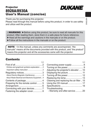 1
ENGLISH
WARNING ►Before using this product, be sure to read all manuals for this
product. After reading them, store them in a safe place for future reference.
►Heed all the warnings and cautions in the manuals or on the product.
►Follow all the instructions in the manuals or on the product.

First of all............................................. 2
Entries and graphical symbols explanation.......2
Important safety instruction...............................2
Regulatory notices............................... 3
About Electro-Magnetic Interference.................3
About Waste Electrical and Electronic Equipment....4
Contents of package........................... 4
Preparing for the remote control.......... 5
Arrangement........................................ 6
Connecting with your devices.............. 7
Fastening the adapter cover................ 8

Connecting power supply.................... 8
Turning on the power........................... 9
Adjusting the projector's elevator...... 10
Displaying the picture........................ 11
Turning off the power......................... 12
Replacing the lamp............................ 13
Cleaning and replacing the air filter... 15
Using the CD manual........................ 17
Specifications.................................... 18
Troubleshooting
- Warranty and after-service............ 20
Contents
NOTE • In this manual, unless any comments are accompanied, “the
manuals” means all the documents provided with this product, and “the product”
means this projector and all the accessories came with the projector.
Projector
8928A/8930A
User's Manual (concise)
Thank you for purchasing this projector.
Please read through this manual before using this product, in order to use safely
and utilize well the product.
 