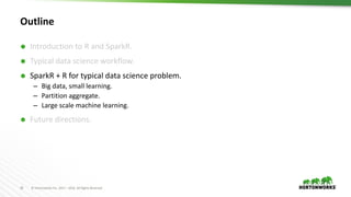 10 ©	Hortonworks	Inc.	2011	– 2016.	All	Rights	Reserved
Outline
Ã Introduction to	R	and SparkR.
Ã Typical data science workflow.
Ã SparkR + R for typical data science problem.
– Big data, small learning.
– Partition aggregate.
– Large scale machine learning.
Ã Future directions.
 
