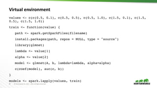 30 ©	Hortonworks	Inc.	2011	– 2016.	All	Rights	Reserved
Virtual environment
values <- c(c(0.5, 0.1), c(0.5, 0.5), c(0.5, 1.0), c(1.5, 0.1), c(1.5,
0.5), c(1.5, 1.0))
train <- function(value) {
path <- spark.getSparkFiles(filename)
install.packages(path, repos = NULL, type = "source")
library(glmnet)
lambda <- value[1]
alpha <- value[2]
model <- glmnet(A, b, lambda=lambda, alpha=alpha)
c(coef(model), auc(c, b))
}
models <- spark.lapply(values, train)
 