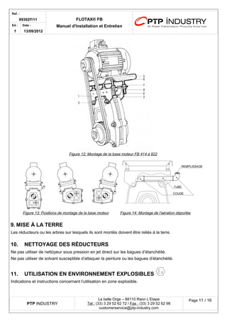 Ref. : 
89302f111 FLOTAX® FB 
Manuel d'Installation Ed : et Entretien 
f 
Date : 
13/09/2012 
Figure 12 : Montage de la base moteur FB 414 à 822 
Figure 13 : Positions de montage de la base moteur 
Figure 14 : Montage de l'aération déportée 
9.MISE À LA TERRE 
Les réducteurs ou les arbres sur lesquels ils sont montés doivent être reliés à la terre. 
10.NETTOYAGE DES RÉDUCTEURS 
Ne pas utiliser de nettoyeur sous pression en jet direct sur les bagues d’étanchéité. 
Ne pas utiliser de solvant susceptible d’attaquer la peinture ou les bagues d’étanchéité. 
11.UTILISATION EN ENVIRONNEMENT EXPLOSIBLES 
Indications et instructions concernant l’utilisation en zone explosible. 
PTP INDUSTRY 
La belle Orge – 88110 Raon L’Etape 
Te l : (33) 3 29 52 62 72 / Fax : (33) 3 29 52 62 98 
customerservice@ptp-industry.com 
Page 11 / 16 
 