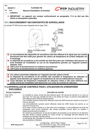 Ref. : 
89302f111 FLOTAX® FB 
Manuel d'Installation Ed : et Entretien 
f 
Date : 
13/09/2012 
IMPORTANT : un appareil non marqué conformément au paragraphe 11.4 ne doit pas être utilisé en atmosphère explosible. 
11.1. RACCORDEMENT DES DISPOSITIFS DE SURVEILLANCE 
La sonde PT100 fournie avec l’appareil est du type 3 fils : 
Figure 15 : Position sonde PT100 
Figure 16 : Câblage sonde PT100 
Le raccordement des dispositifs de surveillance doit être effectué et le signal que ces sondes fournissent doit être traité pour garantir les valeurs de température de surface indiquées sur le marquage. 
Le dispositif de surveillance et de contrôle qui doit être prévu par l’utilisateur doit assurer un arrêt immédiat de l’installation au cas où les températures gravées sur l’appareil seraient atteintes. Soit : 
120°C pour le fonctionnement en ambiance poussiéreuse. 
135°C pour le fonctionnement en ambiance gazeuse. 
Les valeurs maximales indiquées sur l’appareil sont des valeurs d’arrêt. 
Le dispositif de surveillance et de contrôle doit surveiller la température du réducteur et signaler toute élévation par rapport à la température de service habituellement mesurée. 
Toute élévation de température inhabituelle du réducteur même si elle reste inférieure aux limites d’arrêt de l’installation doit déclencher une visite de contrôle du réducteur. 
11.2.INTERVALLES DE CONTRÔLE POUR L’UTILISATION EN ATMOSPHÈRE EXPLOSIBLE 
Groupe d’explosion 
Intervalles de contrôle 
II 2D 120°C 
II 2G T4 
Le contrôle du niveau d’huile doit être effectué après 100 heures de marche ou un mois au plus tard. S’il n’est pas constaté de fuite ou de baisse de niveau, le premier renouvellement sera effectué après 700h de fonctionnement. 
Les contrôles suivants doivent être effectués toutes les 2000 heures de marche ou tous les 3 mois au plus tard. 
Les renouvellements suivants seront effectués toutes les 4000 heures de marche ou au maximum tous les ans. 
Si le niveau d’huile a baissé ou si des fuites sont constatées, un renouvellement de l’huile est nécessaire ainsi qu’une recherche des causes possibles comme décrit au chapitre « Dysfonctionnements et remèdes ». 
En ambiance poussiéreuse, la non-accumulation de poussière ou de produit sur le réducteur doit être vérifié à chaque contrôle du niveau d’huile. Le nettoyage doit être effectué et la protection du réducteur doit être prévue. 
La périodicité des intervalles de maintenance doit être recommencée en cas de changement des paramètres d’utilisation. PTP INDUSTRY 
La belle Orge – 88110 Raon L’Etape 
Te l : (33) 3 29 52 62 72 / Fax : (33) 3 29 52 62 98 
customerservice@ptp-industry.com 
Page 12 / 16 
sonde PT100 
 rougerougeblanc  
