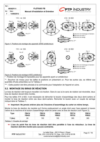 Ref. : 
89302f111 FLOTAX® FB 
Manuel d'Installation Ed : et Entretien 
f 
Date : 
13/09/2012 
* : Position de montage B impossible pour les appareils ayant un antidévireur 
** : Bouchon de niveau pour les tailles et positions en présentant un. Pour les autres cas, se référer aux quantités d'huile présentées sur le Tableau 2 
*** : Cette position doit être précisée à la commande pour l'adaptation de l'appreil en usine. 
5.2.MONTAGE DU BRAS DE RÉACTION 
Le bras de réaction doit toujours travailler à la traction. Dans le cas où le sens de rotation est réversible, deux bras de réaction doivent être montés. 
Pour les tailles 414 à 822, il est nécessaire de démonter le boulon d’assemblage des deux demi-carters et monter le bras de réaction entre ces deux demi-carters. Remonter le boulon avec un couple de serrage indiqué dans le Tableau 1. 
Important :Ne jamais enlever plus de 2 boulons d’assemblage du carter en même temps. 
Monter le bras de réaction de manière qu’il forme pratiquement un angle droit avec l’axe passant à travers l’arbre de la machine et le boulon d’assemblage reliant le carter avec le bras de réaction (voir Figure 3). 
Type 
FB414 
FB422 
FB514 
FB522 
FB614 
FB622 
FB714 
FB722 
FB814 
FB822 
T (Nm) 
80 
195 
195 
385 
385 
Tableau 1 : Couples de serrage 
L’axe du point fixe du bras de réaction doit être parallèle à l’axe du réducteur. Le bras de réaction doit être monté sans aucune contrainte. 
PTP INDUSTRY 
La belle Orge – 88110 Raon L’Etape 
Te l : (33) 3 29 52 62 72 / Fax : (33) 3 29 52 62 98 
customerservice@ptp-industry.com 
Page 3 / 16 
Figure 1 : Positions de montage des appareils SANS antidévireurs 
Figure 2 : Positions de montage AVEC antidévireur  