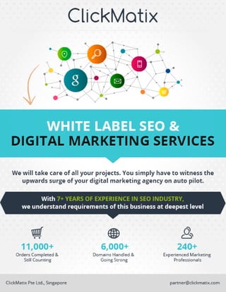 ClickMatix
DIGITAL MARKETING SERVICES
We will take care of all your projects. You simply have to witness the
upwards surge of your digital marketing agency on auto pilot.
With 7+ YEARSOF EXPERIENCEIN SEOINDUSTRY,
we understand requirements of this business at deepest level
®J[.. e
6,000+
Domains Handled &
Going Strong
cOy
240+11,000+
Orders Completed &
Still Counting
Experienced Marketing
Professionals
ClickMatix Pte ltd., Singapore partner@clickmatix.com
 