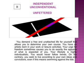 INDEPENDENT
UNCONVENTIONAL
UNFETTERED
You demand a free and unattached life for yourself that
allows you to determine your own course. You have an
artistic bent in your work or leisure activities. Your urge for
freedom sometimes causes you to do exactly the opposite
of what is expected of you. Your lifestyle is highly
individualistic. You would never follow trends. On the
contrary, you seek to live according to your own ideas and
convictions, even if this means swimming against the tide.
B
 