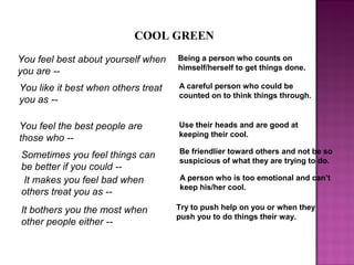 COOL GREEN
You feel best about yourself when
you are --
Being a person who counts on
himself/herself to get things done.
You feel the best people are
those who --
Use their heads and are good at
keeping their cool.
Sometimes you feel things can
be better if you could --
Be friendlier toward others and not be so
suspicious of what they are trying to do.
It makes you feel bad when
others treat you as --
A person who is too emotional and can’t
keep his/her cool.
It bothers you the most when
other people either --
Try to push help on you or when they
push you to do things their way.
You like it best when others treat
you as --
A careful person who could be
counted on to think things through.
 
