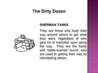 The Dirty Dozen
SHERMAN TANKS
They are those who bully their
way around others to get what
they want, regardless of who
gets hit or trampled upon along
the way. They are the hardy
and battle-scarred bunch who
are used to getting their way by
intimidating others.
 