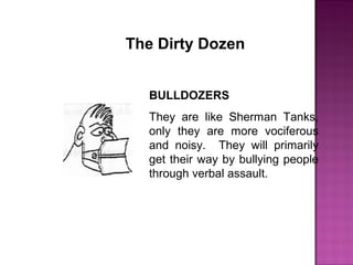 The Dirty Dozen
BULLDOZERS
They are like Sherman Tanks,
only they are more vociferous
and noisy. They will primarily
get their way by bullying people
through verbal assault.
 
