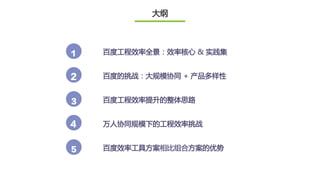 百度工程效率全景：效率核心 & 实践集
百度的挑战：大规模协同 + 产品多样性
百度工程效率提升的整体思路
万人协同规模下的工程效率挑战
百度效率工具方案相比组合方案的优势
大纲
1
3
5
4
2
 