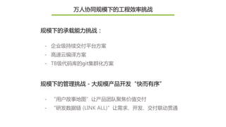 万人协同规模下的工程效率挑战
规模下的承载能力挑战：
-  企业级持续交付平台方案
-  高速云编译方案
-  TB级代码库的git集群化方案
规模下的管理挑战 - 大规模产品开发“快而有序”
-  “用户故事地图”让产品团队聚焦价值交付
-  “研发数据链 (LINK ALL)”让需求、开发、交付联动贯通
 