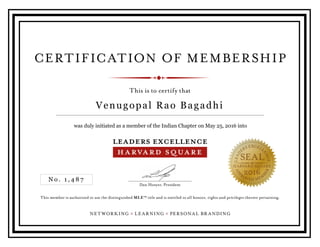 Venugopal Rao Bagadhi
was duly initiated as a member of the Indian Chapter on May 25, 2016 into
N o . 1 , 4 8 7
 