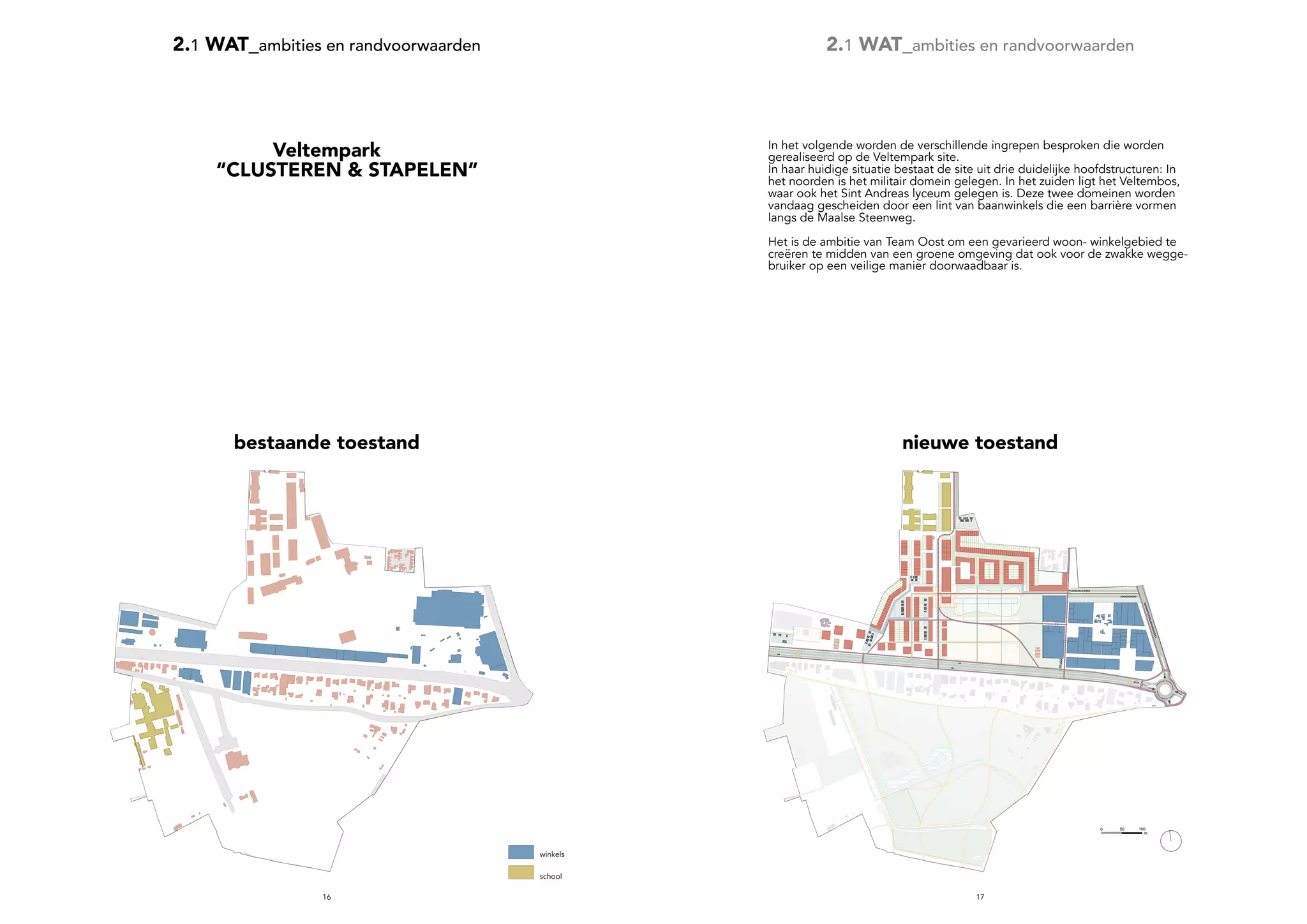 1716
2.1 WAT_ambities en randvoorwaarden 2.1 WAT_ambities en randvoorwaarden
Veltempark
“CLUSTEREN & STAPELEN”
1000 50
m
winkels
school
bestaande toestand nieuwe toestand
In het volgende worden de verschillende ingrepen besproken die worden
gerealiseerd op de Veltempark site.
In haar huidige situatie bestaat de site uit drie duidelijke hoofdstructuren: In
het noorden is het militair domein gelegen. In het zuiden ligt het Veltembos,
waar ook het Sint Andreas lyceum gelegen is. Deze twee domeinen worden
vandaag gescheiden door een lint van baanwinkels die een barrière vormen
langs de Maalse Steenweg.
Het is de ambitie van Team Oost om een gevarieerd woon- winkelgebied te
creëren te midden van een groene omgeving dat ook voor de zwakke wegge-
bruiker op een veilige manier doorwaadbaar is.
 