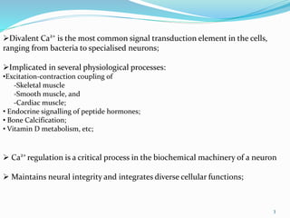 3
Divalent Ca2+
is the most common signal transduction element in the cells,
ranging from bacteria to specialised neurons;
Implicated in several physiological processes:
•Excitation-contraction coupling of
-Skeletal muscle
-Smooth muscle, and
-Cardiac muscle;
• Endocrine signalling of peptide hormones;
• Bone Calcification;
• Vitamin D metabolism, etc;
 Ca2+
regulation is a critical process in the biochemical machinery of a neuron
 Maintains neural integrity and integrates diverse cellular functions;
 