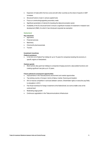 Trade & Investment Relations between India and Central Europe 15
• Expansion of trade within the Euro zone and with other countries as the share of exports in GDP
increases
• Structural funds to invest in venture-capital funds
• Focus on constructing/upgrading secondary roads
• Significant penetration of internet for boosting the telecommunication sector
• Availability of the EU structural funds to ensure a significant increase of investment in research and
development (R&D), for which it has introduced corporate tax exemption
Switzerland
Key Industries
• Agriculture
• Financial services
• Machinery
• Chemical & pharmaceuticals
• Tourism
Investment incentives
Federal assistance
• In the form of a Federal Tax holiday for up to 10 years for companies boosting the economy in
specific regions of Switzerland.
Cantons grants
• Most cantons also grant tax holidays to companies bringing economic value-added functions and
creating significant new jobs up to 10 years.
Future policies & consequent opportunities
• Improvements in the macroeconomic environment and market opportunities
• Top-ranking country in Europe in terms of labour market, financing and taxation
• Aim to improve competition in services between cantons. Shareholder rights on executive pay likely
to strengthen in 2013
• Few fiscal incentives for foreign investment at the federal level, but some smaller ones at the
cantonal level
• Moderating wage growth
• Continuous upgradation in the Telecommunications infrastructure
 