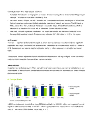 Currently there are three major projects underway:
• Rail 2000: Main objective of this project is to increase direct connectivity all over Switzerland and frequency of
railways. This project is expected to complete by 2018.
• AlpTransit or NRLA Project: The new Lötschberg and Gotthard transalpine lines are designed to provide new,
fast north-south connections and facilitate substantial expansion of capacity and services. The AlpTransit or
NRLA project (New Rail Link through the Alps) is being built in stages. The Gotthard base tunnel, which is
expected to be opened in 2015-2016, will be the longest tunnel in the world at 57 km.
• Link to the European high-speed rail network: This project was initiated with the aim of connecting to the
European high-speed rail network. The government will invest CHF1,090 million by 2015 for this project.
Air Transport
There are 41 airports in Switzerland with airports at Zurich, Geneva and Basel being the main Swiss airports for
passengers and cargo. Zurich airport has received World Travel Award as Europe’s leading airport for 7 times. In
2012, Swiss airports and regional airports registered a total of 44 million passengers in scheduled and charter
flights.
These airports connect important European and international destinations with regular flights. Zurich has most of
the flights (66%) connecting Europe and 34% international flights.
Water Transport
Switzerland is a landlocked country. There are 1,227 km of waterways on lakes and rivers for public transport and
another 65 km on the River Rhine between Basel-Rheinfelden and Schaffhausen-Bodensee used for the transport
of commercial goods.
4. Foreign Trade
In 2012, nominal exports of goods & services (G&S) declined by 2.3 to US$330.2 billion, and the value of nominal
imports of G&S decreased by 1.9% to US$264.3 billion. Exports and imports are expected to decrease further to
US$329.2 billion and US$251.8 billion, respectively, in 2013.
284.6
257.1
284.2
337.8 330.2 329.2
226.4
200.7
225.0
269.4 264.3 251.8
0
50
100
150
200
250
300
350
400
2008 2009 2010 2011 2012 2013 (est.)
inUS$billion
Nominal exports
of G&S
Nominal imports
of G&S
Source: Economic Intelligence Unit
 