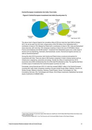 Trade & Investment Relations between India and Central Europe 23
Central European investments into India / from India
The above chart in figure 8 depicts the cumulative inflow of FDI into India from April 2000 to October
2013. As can be seen from the chart, a large portion of the FDI inflow is from Switzerland with a
contribution of close to 75% followed by Poland with a contribution of close to 18%. India and Switzerland
share close ties, with more than 150 companies investing in India to the tune of CHF2billion (Swiss
Francs) and employing over 60,000 workers4
. Investment from Switzerland spans over a wide range of
sectors such as engineering, chemicals, pharmaceuticals, tourism, financial and logistics services, as
well as industrial equipment5
.
Among the other CE10 economies, both Austria and Poland share a conducive atmosphere for
investments with India. There are close to 500 Austrian companies in India in diverse sectors such as
infrastructure, engineering, automotive and energy. Overall, the inflow of investments from CE10
economies since 2000 constitute less than 2% of the total FDI attracted by India. This signifies that there
is further scope of invetsments from Central European countries into India.
Conversely, during financial year 2012-13, India has invested US$231 million in the Central European
countries with major Indian companies investing in Europe include Arcelor Mittal, Videocon, Escorts Ltd,
Strides Arcolab, Reliance Industries, Ranbaxy, Essel Propack, Zensar Technologies Ltd, Tata
Consultancy Services, HCL Technologies and Infosys. Out of these investments, Switzerland has landed
equity investments of US$228 million.
4
Swiss-Indian Chamber of Commerce report (http://www.sicc.ch/pdf/June-18-2012-New-Delhi-Record-Note-Indo-Swiss-cross-
border-acquisitions.pdf)
5
Annual Economic Report 2011-12 of The Economic and Commercial Affairs Division of the Swiss Embassy
Switzerland
74.62%
Poland
17.51%
Austria
6.39%
Czech Republic
0.54%
Hungary
0.32%
Slovenia
0.25%
Romania
0.18%
Slovakia
0.16%
Croatia
0.02%
Bulgaria
0.01%
Other
0.63%
Figure 8: Central European investment into India (Country-wise %)
Data Source: DIPP
 