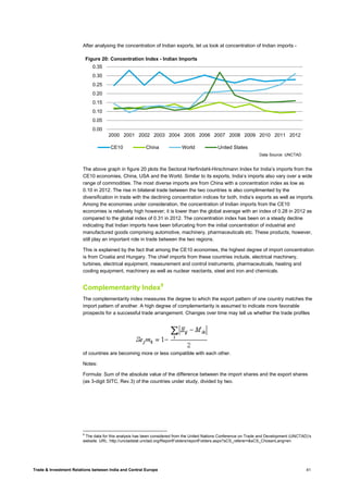 Trade & Investment Relations between India and Central Europe 41
After analysing the concentration of Indian exports, let us look at concentration of Indian imports -
The above graph in figure 20 plots the Sectoral Herfindahl-Hirschmann Index for India’s imports from the
CE10 economies, China, USA and the World. Similar to its exports, India’s imports also vary over a wide
range of commodities. The most diverse imports are from China with a concentration index as low as
0.10 in 2012. The rise in bilateral trade between the two countries is also complimented by the
diversification in trade with the declining concentration indices for both, India’s exports as well as imports.
Among the economies under consideration, the concentration of Indian imports from the CE10
economies is relatively high however; it is lower than the global average with an index of 0.28 in 2012 as
compared to the global index of 0.31 in 2012. The concentration index has been on a steady decline
indicating that Indian imports have been bifurcating from the initial concentration of industrial and
manufactured goods comprising automotive, machinery, pharmaceuticals etc. These products, however,
still play an important role in trade between the two regions.
This is explained by the fact that among the CE10 economies, the highest degree of import concentration
is from Croatia and Hungary. The chief imports from these countries include, electrical machinery,
turbines, electrical equipment, measurement and control instruments, pharmaceuticals, heating and
cooling equipment, machinery as well as nuclear reactants, steel and iron and chemicals.
Complementarity Index9
The complementarity index measures the degree to which the export pattern of one country matches the
import pattern of another. A high degree of complementarity is assumed to indicate more favorable
prospects for a successful trade arrangement. Changes over time may tell us whether the trade profiles
of countries are becoming more or less compatible with each other.
Notes:
Formula: Sum of the absolute value of the difference between the import shares and the export shares
(as 3-digit SITC, Rev.3) of the countries under study, divided by two.
9
The data for this analysis has been considered from the United Nations Conference on Trade and Development (UNCTAD)’s
website. URL: http://unctadstat.unctad.org/ReportFolders/reportFolders.aspx?sCS_referer=&sCS_ChosenLang=en
0.00
0.05
0.10
0.15
0.20
0.25
0.30
0.35
2000 2001 2002 2003 2004 2005 2006 2007 2008 2009 2010 2011 2012
Figure 20: Concentration Index - Indian Imports
CE10 China World United States
Data Source: UNCTAD
 