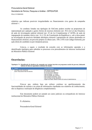 Procuradoria-Geral Eleitoral
Secretaria de Perícia, Pesquisa e Análise - SPPEA/PGR
RCon # 161666/2020
relatórios que indic...