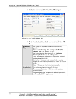 Trade in Microsoft Dynamics™ NAV5.0

                         3. On the item card for item 1924-W, click the Planning tab.




                 FIGURE 6-3: ITEM CARD PLANNING TAB

                         4. Review how the the different fields below are set up for item 1924-
                            w.

                  Reordering        The reordering policy calculates replenishment order
                  Policy            quantity.
                                    Fixed Reorder Quantity - The quantity in the Reorder
                                    Quantity field is the standard lot size.
                                    Maximum Quantity - The quantity in the Maximum
                                    Inventory field calculates the order quantity.
                                    Order - Generates an order for each requirement and does
                                    not use the Reorder Cycle.
                                    Lot-for-Lot - Creates an order proposal with a quantity
                                    meeting the sum of the requirements due within the Reorder
                                    Cycle.
                                    Blank - The user can plan for the item manually.
                  Reorder Cycle     This is the planning time bucket for the item.
                                    Requirements that are due within the reorder cycle are
                                    grouped together.
                                    A replenishment order due within the reorder cycle may be
                                    rescheduled to fulfill a requirement.




6-6         Microsoft Official Training Materials for Microsoft Dynamics ™
           Your use of this content is subject to your current services agreement
 