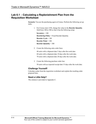Trade in Microsoft Dynamics™ NAV5.0


Lab 6.1 − Calculating a Replenishment Plan from the
Requisition Worksheet
                 Scenario: You are the purchasing agent at Cronus. Perform the following set up
                 tasks:

                         1. For Cronus item 1330, change the value in the Reorder Quantity
                            field from 100 to 300 so that it has the following setup:
                             Inventory = 100
                             Reordering Policy = Fixed Reorder Quantity
                             Reorder Cycle = 1M
                             Reorder Point = 100
                             Reorder Quantity = 300

                         2. Create the following sales order lines:
                             40 units with a shipment date 5 days after the work date.
                             60 units with a shipment date 10 days after the work date.
                             70 units with a shipment date 20 days after the work date.

                         3. Create the following purchase order line:
                             50 units with an expected receipt date 15 days after the work date.

                 Challenge Yourself!
                 Calculate a plan from the requisition worksheet and explain the resulting order
                 proposal lines.

                 Need a Little Help?
                 The solution is provided in Appendix C.




6-14        Microsoft Official Training Materials for Microsoft Dynamics ™
           Your use of this content is subject to your current services agreement
 