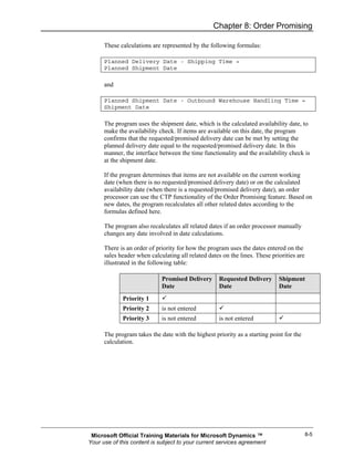 Chapter 8: Order Promising

      These calculations are represented by the following formulas:

      Planned Delivery Date - Shipping Time =
      Planned Shipment Date

      and

      Planned Shipment Date - Outbound Warehouse Handling Time =
      Shipment Date

      The program uses the shipment date, which is the calculated availability date, to
      make the availability check. If items are available on this date, the program
      confirms that the requested/promised delivery date can be met by setting the
      planned delivery date equal to the requested/promised delivery date. In this
      manner, the interface between the time functionality and the availability check is
      at the shipment date.

      If the program determines that items are not available on the current working
      date (when there is no requested/promised delivery date) or on the calculated
      availability date (when there is a requested/promised delivery date), an order
      processor can use the CTP functionality of the Order Promising feature. Based on
      new dates, the program recalculates all other related dates according to the
      formulas defined here.

      The program also recalculates all related dates if an order processor manually
      changes any date involved in date calculations.

      There is an order of priority for how the program uses the dates entered on the
      sales header when calculating all related dates on the lines. These priorities are
      illustrated in the following table:

                             Promised Delivery       Requested Delivery      Shipment
                             Date                    Date                    Date
             Priority 1
             Priority 2      is not entered
             Priority 3      is not entered          is not entered

      The program takes the date with the highest priority as a starting point for the
      calculation.




 Microsoft Official Training Materials for Microsoft Dynamics ™                            8-5
Your use of this content is subject to your current services agreement
 