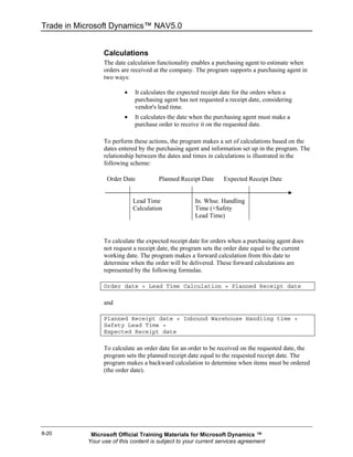 Trade in Microsoft Dynamics™ NAV5.0


                 Calculations
                 The date calculation functionality enables a purchasing agent to estimate when
                 orders are received at the company. The program supports a purchasing agent in
                 two ways:

                         •   It calculates the expected receipt date for the orders when a
                             purchasing agent has not requested a receipt date, considering
                             vendor's lead time.
                         •   It calculates the date when the purchasing agent must make a
                             purchase order to receive it on the requested date.

                 To perform these actions, the program makes a set of calculations based on the
                 dates entered by the purchasing agent and information set up in the program. The
                 relationship between the dates and times in calculations is illustrated in the
                 following scheme:

                  Order Date           Planned Receipt Date      Expected Receipt Date


                             Lead Time               In. Whse. Handling
                             Calculation             Time (+Safety
                                                     Lead Time)


                 To calculate the expected receipt date for orders when a purchasing agent does
                 not request a receipt date, the program sets the order date equal to the current
                 working date. The program makes a forward calculation from this date to
                 determine when the order will be delivered. These forward calculations are
                 represented by the following formulas.

                 Order date + Lead Time Calculation = Planned Receipt date

                 and

                 Planned Receipt date + Inbound Warehouse Handling time +
                 Safety Lead Time =
                 Expected Receipt date

                 To calculate an order date for an order to be received on the requested date, the
                 program sets the planned receipt date equal to the requested receipt date. The
                 program makes a backward calculation to determine when items must be ordered
                 (the order date).




8-20        Microsoft Official Training Materials for Microsoft Dynamics ™
           Your use of this content is subject to your current services agreement
 