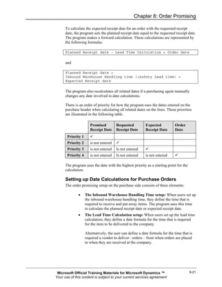 Chapter 8: Order Promising

      To calculate the expected receipt date for an order with the requested receipt
      date, the program sets the planned receipt date equal to the requested receipt date.
      The program makes a forward calculation. These calculations are represented by
      the following formulas.

      Planned Receipt date - Lead Time Calculation = Order date

      and

      Planned Receipt date +
      Inbound Warehouse Handling time (+Safety Lead time) =
      Expected Receipt date

      The program also recalculates all related dates if a purchasing agent manually
      changes any date involved in date calculations.

      There is an order of priority for how the program uses the dates entered on the
      purchase header when calculating all related dates on the lines. These priorities
      are illustrated in the following table.

                       Promised         Requested          Expected           Order
                       Receipt Date     Receipt Date       Receipt Date       Date
       Priority 1
       Priority 2      is not entered
       Priority 3      is not entered   Is not entered
       Priority 4      is not entered   Is not entered     is not entered

      The program uses the date with the highest priority as a starting point for the
      calculation.

      Setting up Date Calculations for Purchase Orders
      The order promising setup on the purchase side consists of three elements:

              •     The Inbound Warehouse Handling Time setup: When users set up
                    the inbound warehouse handling time, they define the time that is
                    required to receive and put away items. The program uses this time
                    to calculate the planned receipt date or expected receipt date.
              •     The Lead Time Calculation setup: When users set up the lead time
                    calculation, they define a date formula for the time that is required
                    for the item to be delivered to the company.

                    Alternatively, the user can define a date formula for the time that is
                    required a vendor to deliver –orders – from when orders are placed
                    to when they are received at the company.




 Microsoft Official Training Materials for Microsoft Dynamics ™                         8-21
Your use of this content is subject to your current services agreement
 