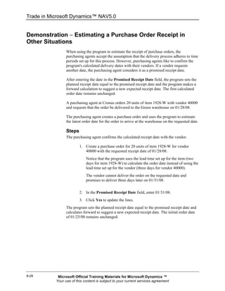 Trade in Microsoft Dynamics™ NAV5.0


Demonstration − Estimating a Purchase Order Receipt in
Other Situations
                 When using the program to estimate the receipt of purchase orders, the
                 purchasing agents accept the assumption that the delivery process adheres to time
                 periods set up for this process. However, purchasing agents like to confirm the
                 program's calculated delivery dates with their vendors. If a vendor requests
                 another date, the purchasing agent considers it as a promised receipt date.

                 After entering the date in the Promised Receipt Date field, the program sets the
                 planned receipt date equal to the promised receipt date and the program makes a
                 forward calculation to suggest a new expected receipt date. The first calculated
                 order date remains unchanged.

                 A purchasing agent at Cronus orders 20 units of item 1928-W with vendor 40000
                 and requests that the order be delivered to the Green warehouse on 01/28/08.

                 The purchasing agent creates a purchase order and uses the program to estimate
                 the latest order date for the order to arrive at the warehouse on the requested date.

                 Steps
                 The purchasing agent confirms the calculated receipt date with the vendor.

                         1. Create a purchase order for 20 units of item 1928-W for vendor
                            40000 with the requested receipt date of 01/28/08.
                             Notice that the program uses the lead time set up for the item (two
                             days for item 1928-W) to calculate the order date instead of using the
                             lead time set up for the vendor (three days for vendor 40000).
                             The vendor cannot deliver the order on the requested date and
                             promises to deliver three days later on 01/31/08.


                         2. In the Promised Receipt Date field, enter 01/31/08.
                         3. Click Yes to update the lines.
                 The program sets the planned receipt date equal to the promised receipt date and
                 calculates forward to suggest a new expected receipt date. The initial order date
                 of 01/25/08 remains unchanged.




8-28        Microsoft Official Training Materials for Microsoft Dynamics ™
           Your use of this content is subject to your current services agreement
 