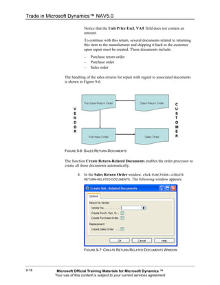 Trade in Microsoft Dynamics™ NAV5.0

                             Notice that the Unit Price Excl. VAT field does not contain an
                             amount.
                             To continue with this return, several documents related to returning
                             this item to the manufacturer and shipping it back to the customer
                             upon repair must be created. These documents include:
                             –   Purchase return order
                             –   Purchase order
                             –   Sales order

                 The handling of the sales returns for repair with regard to associated documents
                 is shown in Figure 9-6.




                 FIGURE 9-6: SALES RETURN DOCUMENTS

                 The function Create Return-Related Documents enables the order processor to
                 create all these documents automatically.

                         4. In the Sales Return Order window, click FUNCTIONS→CREATE
                            RETURN-RELATED DOCUMENTS. The following window appears:




                             FIGURE 9-7: CREATE RETURN RELATED DOCUMENTS WINDOW




9-18        Microsoft Official Training Materials for Microsoft Dynamics ™
           Your use of this content is subject to your current services agreement
 