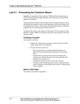 Trade in Microsoft Dynamics™ NAV5.0


Lab 9.1 − Processing the Customer Return
                 Scenario: A representative from customer 10000 calls the order processor at
                 Cronus and says that the complete delivery of 50 units (boxes) of item 80100
                 appears to be defective.

                 The order processor and the customer agree that the complete quantity of item
                 80100 must be returned to Cronus, and a replacement of the same quantity will
                 be shipped to the customer. The customer gives the order processor a reference
                 number to his own return document, which is R-0113.

                 To perform this return, create and post a sales order of 50 units (boxes) of item
                 80100 to customer 10000. Use location code Green, and remember to fill in the
                 quantity to ship.

                 Challenge Yourself!
                 Your tasks are as follows:

                         1. Register the compensation agreement reached with the customer,
                            using a sales order as an entry point.
                         2. Process the return, in terms of:
                             –   Receiving (possibly, use a special dedicated location for
                                 defective items) and crediting the customer for the returned
                                 items.
                             –   Ensuring that the returned items, when received from the
                                 customer, are valued at the same unit cost as originally sold
                                 (instead of the average cost).
                             –   Shipping the replacement sales order to the customer.
                             –   Creating a return-related document, which is a purchase return
                                 order, to indicate to the purchaser that a return to vendor process
                                 must be initiated.

                 Need a Little Help?
                 The solution is provided in Appendix C.




9-20        Microsoft Official Training Materials for Microsoft Dynamics ™
           Your use of this content is subject to your current services agreement
 