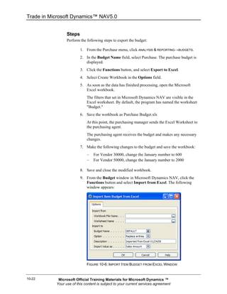 Trade in Microsoft Dynamics™ NAV5.0


                 Steps
                 Perform the following steps to export the budget:

                         1. From the Purchase menu, click ANALYSIS & REPORTING→BUDGETS.
                         2. In the Budget Name field, select Purchase. The purchase budget is
                            displayed.
                         3. Click the Functions button, and select Export to Excel.
                         4. Select Create Workbook in the Options field.
                         5. As soon as the data has finished processing, open the Microsoft
                            Excel workbook.
                             The filters that set in Microsoft Dynamics NAV are visible in the
                             Excel worksheet. By default, the program has named the worksheet
                             "Budget."
                         6. Save the workbook as Purchase Budget.xls
                             At this point, the purchasing manager sends the Excel Worksheet to
                             the purchasing agent.
                             The purchasing agent receives the budget and makes any necessary
                             changes.
                         7. Make the following changes to the budget and save the workbook:
                             –   For Vendor 30000, change the January number to 600
                             –   For Vendor 50000, change the January number to 2000

                         8. Save and close the modified workbook.
                         9. From the Budget window in Microsoft Dynamics NAV, click the
                            Functions button and select Import from Excel. The following
                            window appears:




                             FIGURE 10-6: IMPORT ITEM BUDGET FROM EXCEL WINDOW


10-22       Microsoft Official Training Materials for Microsoft Dynamics ™
           Your use of this content is subject to your current services agreement
 