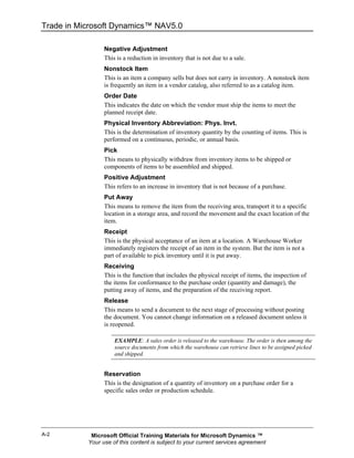 Trade in Microsoft Dynamics™ NAV5.0

                 Negative Adjustment
                 This is a reduction in inventory that is not due to a sale.
                 Nonstock Item
                 This is an item a company sells but does not carry in inventory. A nonstock item
                 is frequently an item in a vendor catalog, also referred to as a catalog item.
                 Order Date
                 This indicates the date on which the vendor must ship the items to meet the
                 planned receipt date.
                 Physical Inventory Abbreviation: Phys. Invt.
                 This is the determination of inventory quantity by the counting of items. This is
                 performed on a continuous, periodic, or annual basis.
                 Pick
                 This means to physically withdraw from inventory items to be shipped or
                 components of items to be assembled and shipped.
                 Positive Adjustment
                 This refers to an increase in inventory that is not because of a purchase.
                 Put Away
                 This means to remove the item from the receiving area, transport it to a specific
                 location in a storage area, and record the movement and the exact location of the
                 item.
                 Receipt
                 This is the physical acceptance of an item at a location. A Warehouse Worker
                 immediately registers the receipt of an item in the system. But the item is not a
                 part of available to pick inventory until it is put away.
                 Receiving
                 This is the function that includes the physical receipt of items, the inspection of
                 the items for conformance to the purchase order (quantity and damage), the
                 putting away of items, and the preparation of the receiving report.
                 Release
                 This means to send a document to the next stage of processing without posting
                 the document. You cannot change information on a released document unless it
                 is reopened.

                     EXAMPLE: A sales order is released to the warehouse. The order is then among the
                     source documents from which the warehouse can retrieve lines to be assigned picked
                     and shipped.


                 Reservation
                 This is the designation of a quantity of inventory on a purchase order for a
                 specific sales order or production schedule.




A-2         Microsoft Official Training Materials for Microsoft Dynamics ™
           Your use of this content is subject to your current services agreement
 
