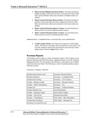 Trade in Microsoft Dynamics™ NAV5.0

                         •   Delete Invoiced Blanket Purchase Orders. This batch job deletes
                             blanket purchase orders that have been received and invoiced. Only
                             fully invoiced blanket orders and comments on blanket orders are
                             deleted.
                         •   Delete Invoiced Purchase Return Orders. This batch job deletes
                             purchase return orders that have been shipped and invoiced. Only
                             fully invoiced return orders and comments on the return orders are
                             deleted.
                         •   Delete Archived Purchase Quote Versions. Use this batch job to
                             delete archived versions of deleted purchase quotes.
                         •   Delete Archived Purchase Order Versions. Use this batch job to
                             delete archived versions of deleted purchase orders.

                 ADMINISTRATION→IT ADMINISTRATION→DATA DELETION→DATE COMPRESSION


                         •   Vendor Ledger Entries. This batch job compresses vendor ledger
                             entries. This means it combines them so that they use less space. You
                             can only compress entries from closed fiscal years and only vendor
                             ledger entries where the Open field is clear.


                 Purchase Reports
                 The Purchase menu contains a variety of purchase reports. These reports can be
                 found in Planning and Order Processing. Additional reports are on the Financial
                 Management menu. For convenience and efficiency, some reports are available
                 under more than one folder. The following is a list of standard purchase reports
                 and their location:

                 PURCHASE→PLANNING→REPORTS


                  Purchase Reservation Avail.              Inventory Purchase Orders
                  Purchase Statistics                      Inventory – Availability Plan
                  Vendor Item Catalog                      Inventory – Cost Variance
                  Vendor – Balance to Date                 Inventory – Inbound Transfer
                  Vendor – Detail Trial Balance            Inventory – List
                  Vendor List                              Inventory – Vendor Purchases
                  Vendor Purchase List                     Item Substitutions
                  Vendor – Summary Aging                   Item/Vendor Catalog
                  Vendor – Top 10 List                     Nonstock Item Sales
                  Vendor – Trial Balance                   Prod. Order – Mat. Requisition
                  Vendor/Item Purchases                    Prod. Order – Shortage List
                  Inventory Cost and Price List




A-10        Microsoft Official Training Materials for Microsoft Dynamics ™
           Your use of this content is subject to your current services agreement
 