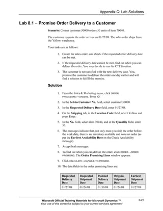 Appendix C: Lab Solutions


Lab 8.1 − Promise Order Delivery to a Customer
                Scenario: Cronus customer 50000 orders 50 units of item 70040.

                The customer requests the order arrives on 01/27/08. The sales order ships from
                the Yellow warehouse.

                Your tasks are as follows:

                        1. Create the sales order, and check if the requested order delivery date
                           can be met.
                        2. If the requested delivery date cannot be met, find out when you can
                           deliver the order. You may decide to run the CTP function.
                        3. The customer is not satisfied with the new delivery date. You,
                           promise the customer to deliver the order one day earlier and will
                           find a solution to fulfill the promise.

                Solution

                        1. From the Sales & Marketing menu, click ORDER
                           PROCESSING→ORDERS. Press F3.

                        2. In the Sell-to Customer No. field, select customer 50000.
                        3. In the Requested Delivery Date field, enter 01/27/08.
                        4. On the Shipping tab, in the Location Code field, select Yellow and
                           press Enter.
                        5. In the No. field, select item 70040, and in the Quantity field, enter
                           50.
                        6. The messages indicate that, not only must you ship the order before
                           the work date, there is no inventory available and none on order (as
                           per the Earliest Availability Date on the Check Availability
                           message).
                        7. Accept both messages.
                        8. To find out when you can deliver the order, click ORDER→ORDER
                           PROMISING. The Order Promising Lines window appears.

                        9. Click CALCULATE→CAPABLE-TO-PROMISE.
                        10. The date fields in the order promising lines are:


                            Requested        Requested     Planned       Original      Earliest
                            Delivery         Shipment      Delivery      Shipment      Shipment
                            Date             Date          Date          Date          Date
                            01/27/08         01/24/08      01/30/08      01/24/08      01/27/08



           Microsoft Official Training Materials for Microsoft Dynamics ™                     C-21
          Your use of this content is subject to your current services agreement
 
