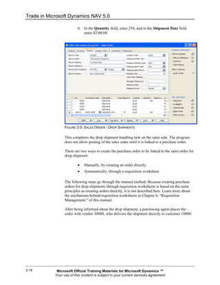 Trade in Microsoft Dynamics NAV 5.0

                          4. In the Quantity field, enter 250, and in the Shipment Date field
                             enter 02/08/08.




                  FIGURE 2-5: SALES ORDER - DROP SHIPMENTS

                  This completes the drop shipment handling task on the sales side. The program
                  does not allow posting of the sales order until it is linked to a purchase order.

                  There are two ways to create the purchase order to be linked to the sales order for
                  drop shipment:

                          •   Manually, by creating an order directly.
                          •   Automatically, through a requisition worksheet.

                  The following steps go through the manual method. Because creating purchase
                  orders for drop shipments through requisition worksheets is based on the same
                  principles as creating orders directly, it is not described here. Learn more about
                  the mechanism behind requisition worksheets in Chapter 6, "Requisition
                  Management," of this manual.

                  After being informed about the drop shipment, a purchasing agent places the
                  order with vendor 30000, who delivers the shipment directly to customer 10000.




2-18         Microsoft Official Training Materials for Microsoft Dynamics ™
            Your use of this content is subject to your current services agreement
 
