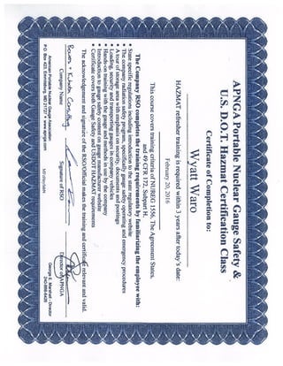WWARO Nuclear Gauge Safety Certificate