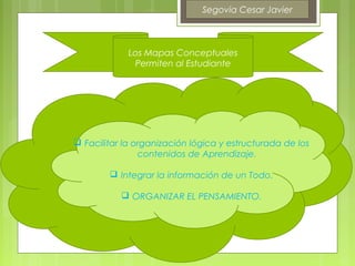 Segovia Cesar Javier



             Los Mapas Conceptuales
              Permiten al Estudiante




 Facilitar la organización lógica y estructurada de los
                contenidos de Aprendizaje.

         Integrar la información de un Todo.

            ORGANIZAR EL PENSAMIENTO.
 