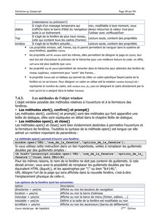Initiation au Javascript Page 28 sur 54
Cours réalisé par Mr Nabélédi 2ème
Edition
(redondance ou précision?)
status
Il s'agit d'un message temporaire qui
s'affiche dans la barre d'état du navigateur
suite à un événement
non, modifiable à tout moment, vous
devez retournez la valeur true pour
l'utiliser avec onMouseOver
Top
Il s'agit de la fenêtre de plus haut niveau,
celle qui contient tous les cadres (frames)
Lecture seule, contient des propriétés
window Il s'agit de la fenêtre actuelle... Lecture seule, contient des propriétés
§ Les propriétés window, self, frames, top et parent permettent de naviguer dans le système de
sous-fenêtres, appelées frames.
§ les propriétés self et window sont les mêmes, elles permettent de désigner la page en cours, leur
seul but est d'accentuer la précision de la hiérarchie pour une meilleure lecture du code. en effet,
self.name est plus explicite que name
§ les propriété top et parent permettent de remonter dans la hiérarchie pour atteindre des fenêtre de
niveau supérieur, notamment pour "sortir" des frames...
§ la propriété frames est un tableau qui permet de cibler un cadre spécifique faisant partie de la
fenêtre où on se trouve. Pour désigner un cadre on utilise soit la notation window.frames[i] où i
représente le numéro du cadre, soit window.nom_du_cadre en désignant le cadre directement par le
nom qu'on lui a assigné dans la balise frameset.
7.4.3. Les méthodes de l'objet window
L'objet window possède des méthodes relatives à l'ouverture et à la fermeture des
fenêtres.
• Les méthodes alert(), confirm() et prompt()
Les méthodes alert(), confirm() et prompt() sont des méthodes qui font apparaître une
boîte de dialogue, elles sont expliquées en détail dans le chapitre Boîte de dialogue.
• Les méthodes open(), et close()
Les méthodes open() et close() sont bien évidemment destinées à permettre l'ouverture et
la fermeture de fenêtres. Toutefois la syntaxe de la méthode open() est longue car elle
admet un nombre important de paramètres :
La méthode open() permet d'ouvrir une fenêtre:
window.open("URL","nom_de_la_fenetre","options_de_la_fenetre");
Si vous utilisez cette instruction dans un lien hypertexte, veillez à remplacer les guillemets
doubles par des guillemets simples :
<A href="javascript:window.open('URL','nom_de_la_fenetre','options_de_la_
fenetre')">Lien vers URL</A>
Pour les mêmes raisons, le nom de la fenêtre ne doit pas contenir de guillemets. Si cela
devait arriver, vous avez la possibilité de remplacer les guillemets doubles par leur
équivalent HTML ("), et les apostrophes par "'" ou bien "".
URL désigne l'url de la page qui sera affichée dans la nouvelle fenêtre, c'est-à-dire
l'emplacement physique de celle-ci.
Les options de la fenêtre sont les suivantes:
option Description
directories = yes/no Affiche ou non les boutons de navigation
location = yes/no Affiche ou non la barre d'adresse
menubar = yes/no Affiche ou non la barre de menu (fichier, edition, ...)
resizable = yes/no Définit si la taille de la fenêtre est modifiable ou non
scrollbars = yes/no Affiche ou non les ascenceurs (barres de défilement)
 