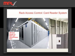 Rack Access Control: Card Reader System
HID Card
Reader on
Mesh and
Glass/Perspex
Door
 
